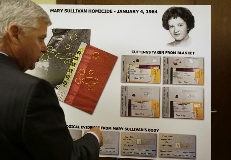 Suffolk County District Attorney Daniel Conley discussed an evidence chart following a news conference Thursday in which authorities said new evidence linked longtime Boston Strangler suspect Albert DeSalvo to the 1964 murder of Mary Sullivan. (Steven Senne/AP)