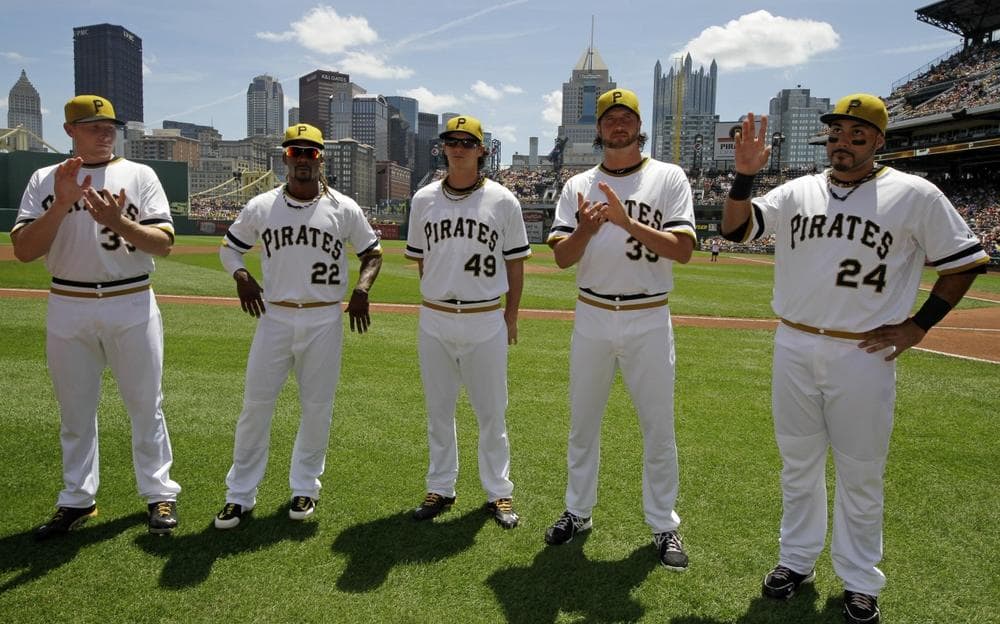 Pittsburgh Pirates All-Stars pose for a photo before a baseball game at PNC Park against the New York Mets in Pittsburgh Sunday, July 14, 2013. From left they are; relief pitcher Mark Melancon (35), center fielder Andrew McCutchen (22), starting pitcher Jeff Locke (49), relief pitcher Jason Grilli (39), and third baseman Pedro Alvarez (24). (Gene J. PuskarAP)