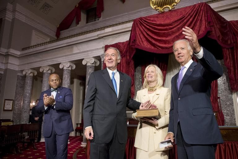 Sen. Edward Markey takes a ceremonial oath of office in Washington Tuesday following his official swearing in earlier in the Senate Chamber. (J. Scott Applewhite/AP)