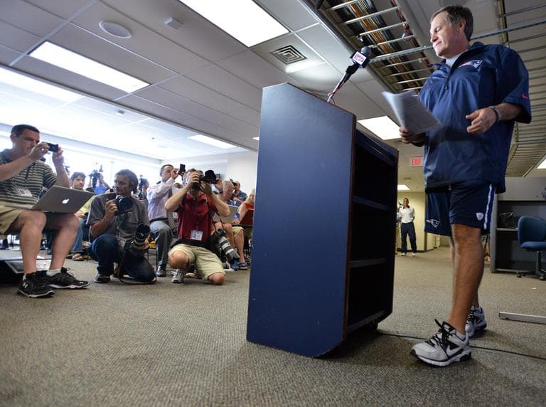 Patriots head coach Bill Belichick speaks to reporters Wednesday, breaking his silence four weeks after former tight end Aaron Hernandez was charged with murder. (Josh Reynolds/AP)