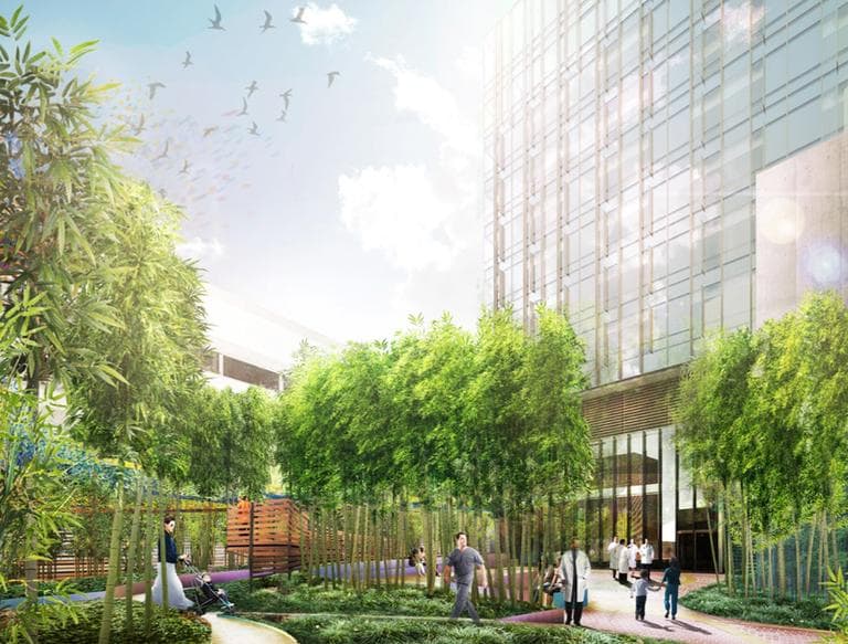 Artist’s rendering of the proposed new clinical building and green space on the site of the current Prouty Garden at Boston Children’s Hospital