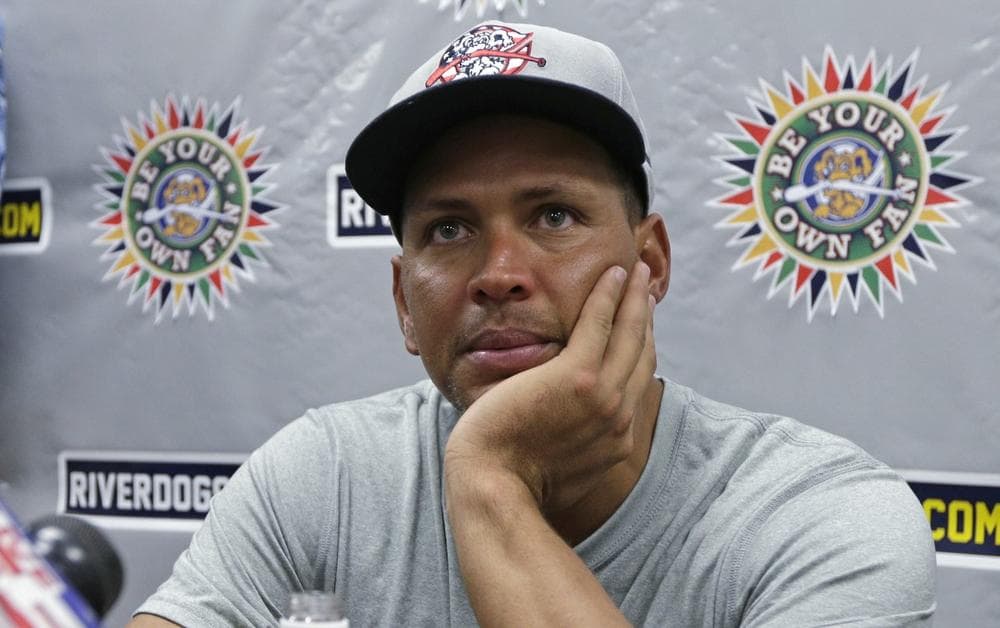 New York Yankees' Alex Rodriguez speaks to reporters after his second rehab baseball game with the Charleston RiverDogs, against the Rome Braves in Charleston, S.C., Wednesday, July 3, 2013. (Chuck Burton/AP)