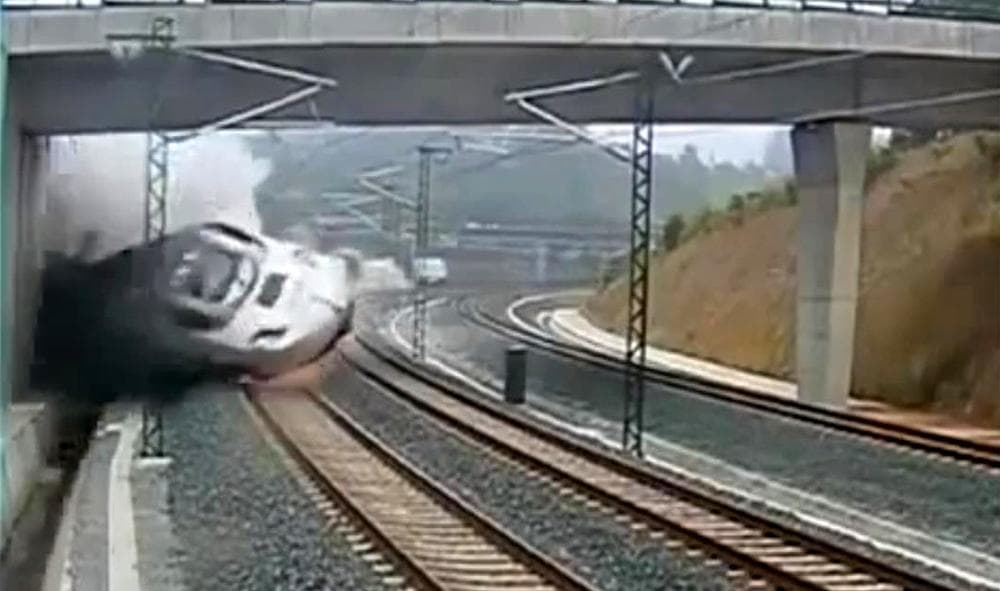 A screenshot from a video of the train derailment in Spain. (YouTube)