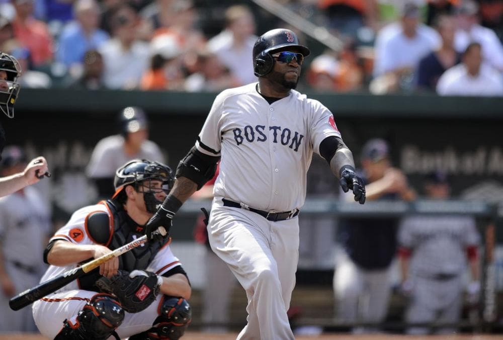 Boston Red Sox designated hitter David Ortiz follows through his single during the eighth inning of a baseball game against the Baltimore Orioles, in Baltimore. The Red Sox won 5-0. (AP/Nick Wass)