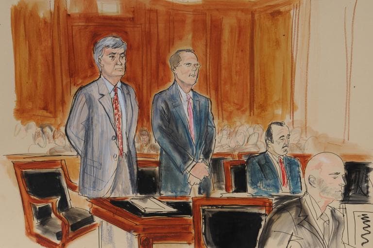 In this courtroom sketch by Elizabeth Williams, Attorney Marty Klotz, left, General Council for SAC Capital Advisors LP, Peter Nussbaum, center, attorney Ted Wells, right, and assistant US attorney Arlo Devlin Brown, foreground, appear before judge Laura Taylor Swain, Friday, July 26, 2013, in New York. (Elizabeth Williams/AP)