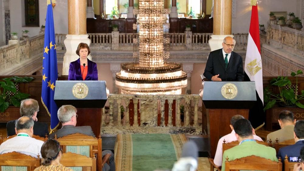 This image released by the Egyptian Presidency shows interim Vice President Mohamed ElBaradei, right, making remarks at a joint news conference with EU foreign policy chief Catherine Ashton, left, at the presidential palace in Cairo, Egypt, Tuesday, July 30, 2013. (Egyptian Presidency via AP)