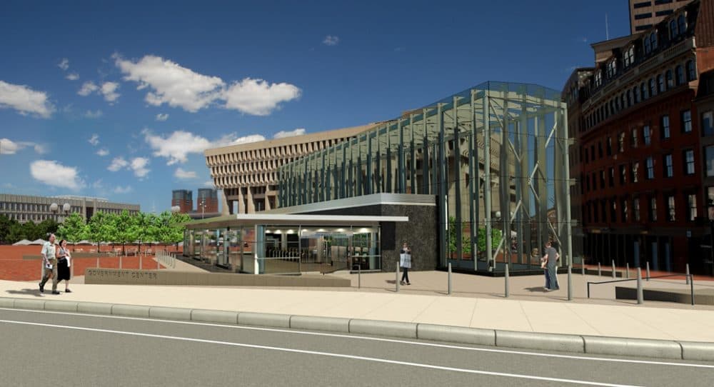 A rendering of the proposed Government Center station entrance. Construction will close the station to passengers for two years. (Courtesy of the MBTA)