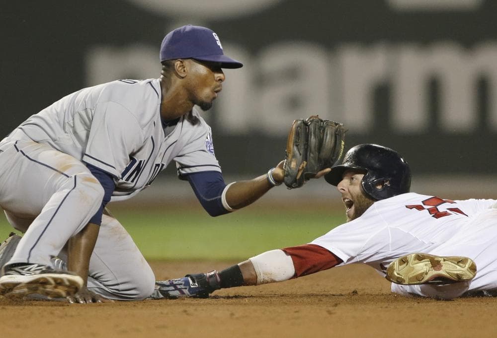Boston Red Sox's Dustin Pedroia reacts as he is called out trying to steal second base as San Diego Padres shortstop Pedro Ciriaco tags him during the fifth inning of an interleague baseball game at Fenway Park in Boston, Tuesday, July 2, 2013. (AP Photo/Elise Amendola)