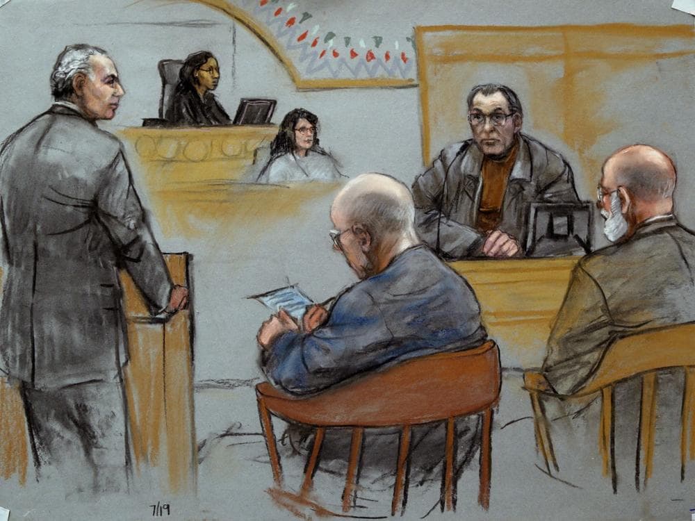 This courtroom sketch depicts Stephen &quot;The Rifleman&quot; Flemmi, upper right, on the witness stand as defendant James &quot;Whitey&quot; Bulger listens, seated middle, next to his defense attorney J. W. Carney Jr., seated far right, while prosecutor Fred Wyshak, standing left, questions Flemmi during Bulger's racketeering and murder trial at U.S. District Court in Boston, Friday, July 19, 2013. Flemmi, who was once Bulger's loyal partner, has recounted multiple killings he says Bulger was involved in, either as a triggerman or a driving force. (AP)