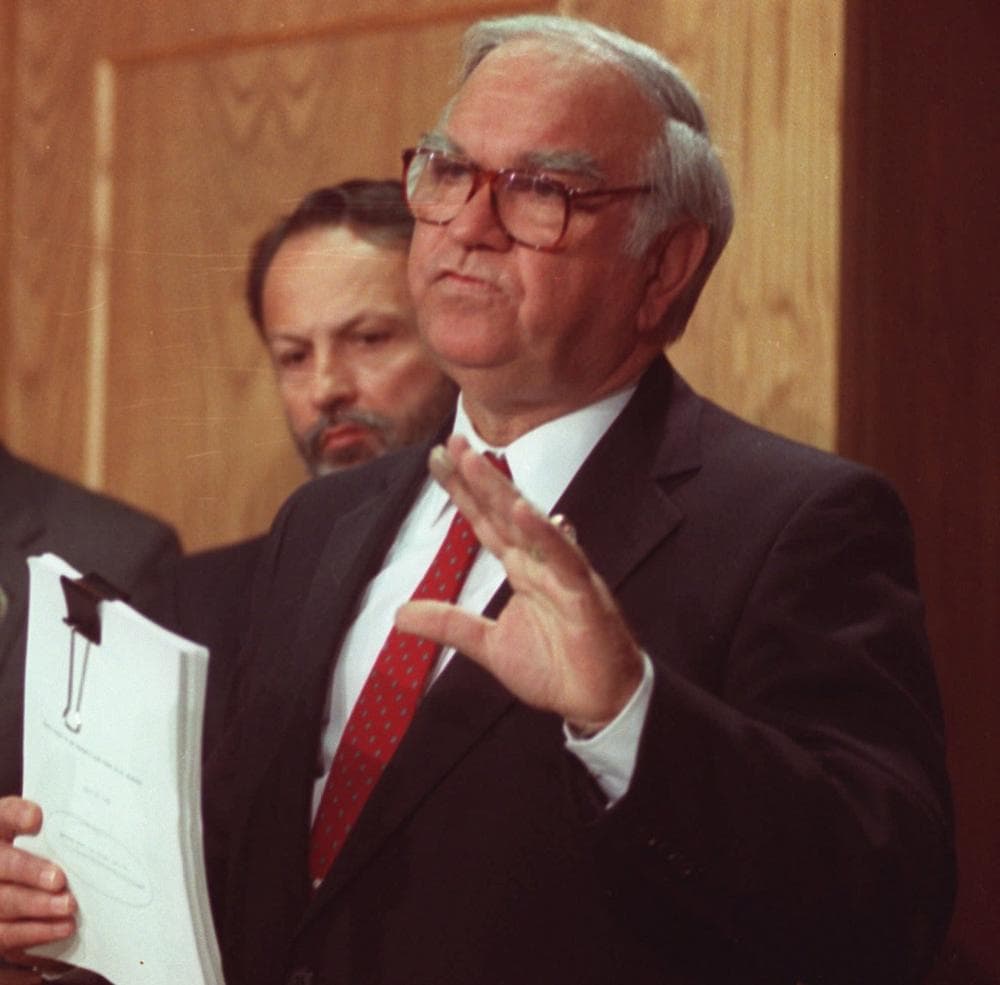 Rep. John Joseph Moakley, D-Mass., head of a congressional group looking into the investigation of the murders of six Jesuit priests and two others in El Salvador, holds a report of their findings at Capitol Hill on April 30, 1990. (AP Photo)