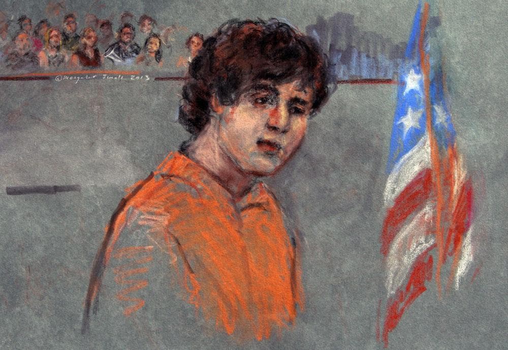 This courtroom sketch depicts Boston Marathon bombing suspect Dzhokhar Tsarnaev during arraignment in federal court Wednesday, July 10, 2013 in Boston. (AP/Margaret Small)