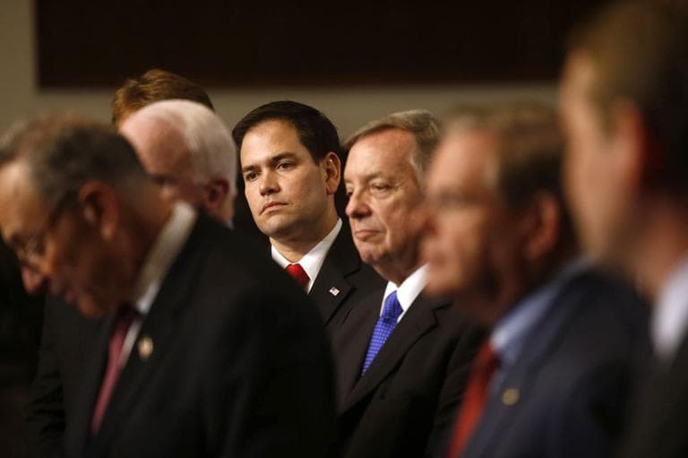 In this April 18, 2013 file photo, Sen. Marco Rubio, R-Fla., center, and others Senators, participate in a news conference on immigration on Capitol Hill in Washington. (AP)
