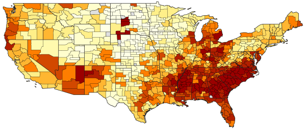 Lighter colors indicate areas where children from low-income families are more likely to move up the income ladder. (Source: equality-of-opportunity.org)