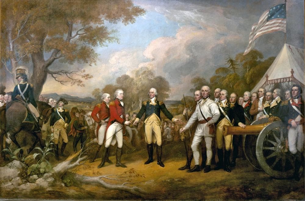 The scene of the surrender of the British General John Burgoyne at Saratoga, on October 17, 1777, was a turning point in the American Revolutionary War that prevented the British from dividing New England from the rest of the colonies. (John Trumbull)