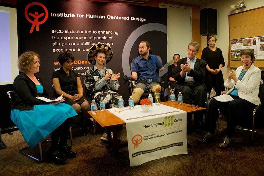 (Beginning 2nd from left) Veronica Blackwell, Jack Hanke, Will Lautzenheiser and Joe Genera made up the &quot;Laugh And Learn: Comedians With Disabilities&quot; panel at the Institute for Human Centered Design. (Jesse Costa/WBUR)