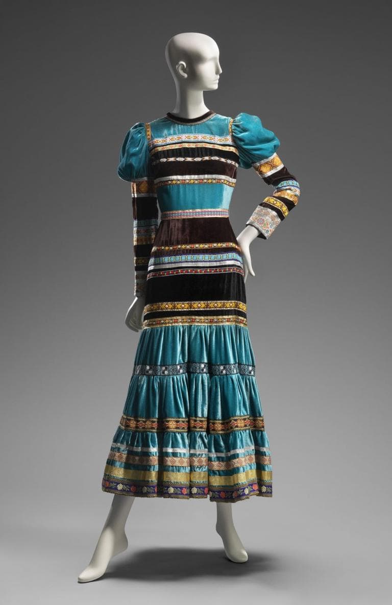 Giorgio di Sant’Angelo’s 1970 sapphire blue rayon velvet dress incorporated the puffed sleeves and long skirt of the “prairie hippie” look with horizontal ribbons that evoke 19th century Native American dresses. (Courtesy of the Museum of Fine Arts, Boston)
