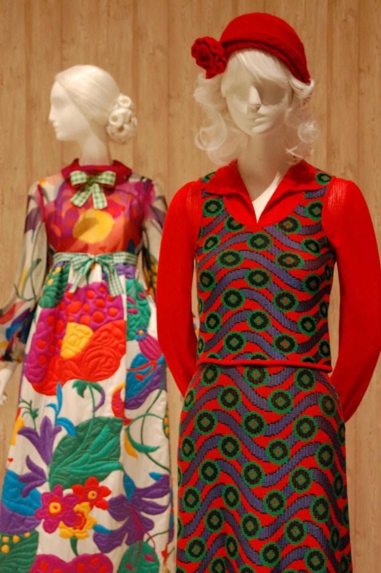 A psychedelic pattern of waves and dots electrifies Ottavio and Rosita Missoni’s machine-knit 1972 women’s ensemble (foreground). Like Geoffrey Beene’s 1972 quilted silk dress (background), it’s an example of how high fashion reinterpreted homespun hippie crafts. (Greg Cook)