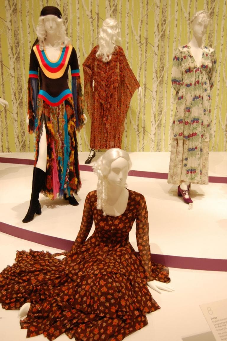 Betsey Johnson’s 1969 printed cotton dress (foreground) imitated “Gone with the Wind” fashions but enlarges the usual calico flower print to give it a ‘60s kick. Designers also took inspiration from gypsies (left) and the knights and ladies of the 1967 film “Camelot” (center background). (Greg Cook)