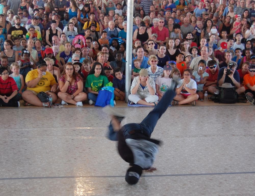 Alfred Hibbert (aka Flo) of Dorchester competes in the “Battle of Lowell” breakdancing competition. (Greg Cook)