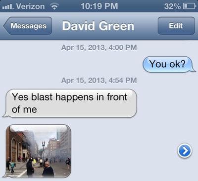 A screen shot of the text message conversation Adam Scully Power had with his friend David Green shortly after the bombs went off at the Boston Marathon finish line. It later noted that Green captured bombing suspect Dzhokhar Tsarnaev running from the site of the blasts in the corner of the photo. (Courtesy Adam Scully Power)