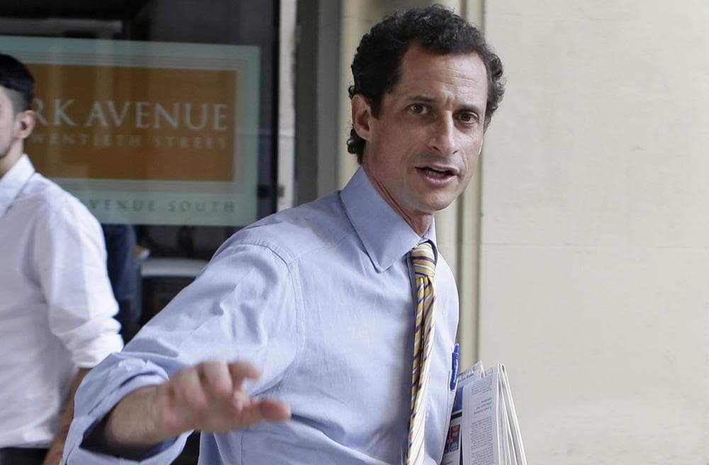 New York City mayoral hopeful Anthony Weiner leaves an apartment building on Park Avenue Tuesday, July 30, 2013, in New York. (Frank Franklin II/AP)