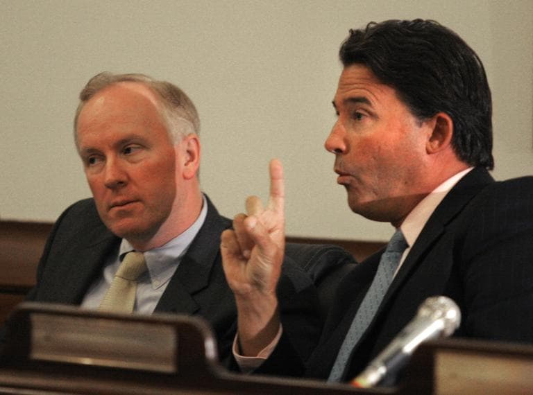 Sen. Michael Knapik, left, listened as Sen. Mark Montigny, right, speaks at the State House in 2007. (Kevin Martin/AP)