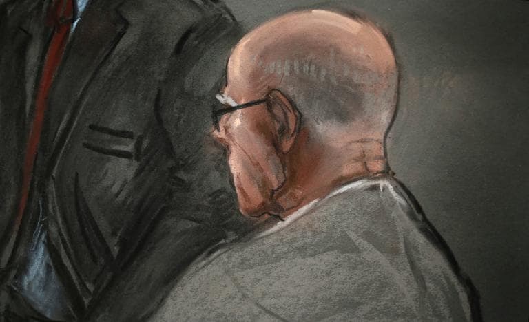 In this courtroom sketch, James &quot;Whitey&quot; Bulger listened as defense attorney Hank Brennan delivered his closing arguments Monday. (Jane Flavell Collins/AP)