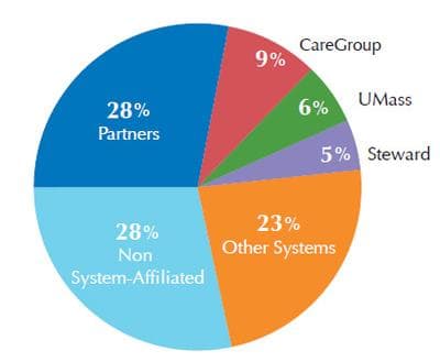 Proportion of total reported acute hospital and physician paymants by system (2011) (Courtesy Center for Health Information and Analysis) 