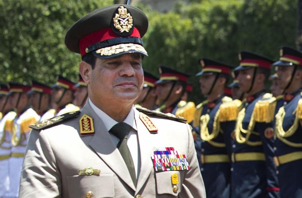 Egyptian Defense Minister Gen. Abdel-Fattah el-Sissi reviews honor guards during an arrival ceremony for his U.S. counterpart at the Ministry of Defense in Cairo, April 24, 2013. (Jim Watson/AP)