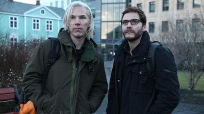 Among the films based on the Wikileaks saga is &quot;The Fifth Estate,&quot; starring Benedict Cumberbatch as Julian Assange and Daniel Bruhl as Daniel Domscheit-Berg. (DreamWorks)