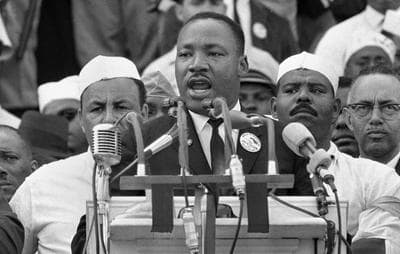 Dr. Martin Luther King Jr., head of the Southern Christian Leadership Conference, addresses marchers during his &quot;I Have a Dream&quot; speech at the Lincoln Memorial in Washington, Aug. 28, 1963. (AP)