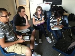 High school sophomores Justin Morales, 14,
Triston Childs, 15,
Rachael Smith, 15, and Deja Brown, 14, watch Martin Luther King’s &quot;I Have a Dream&quot; speech. (Jenny Brundin/Colorado Public Radio)