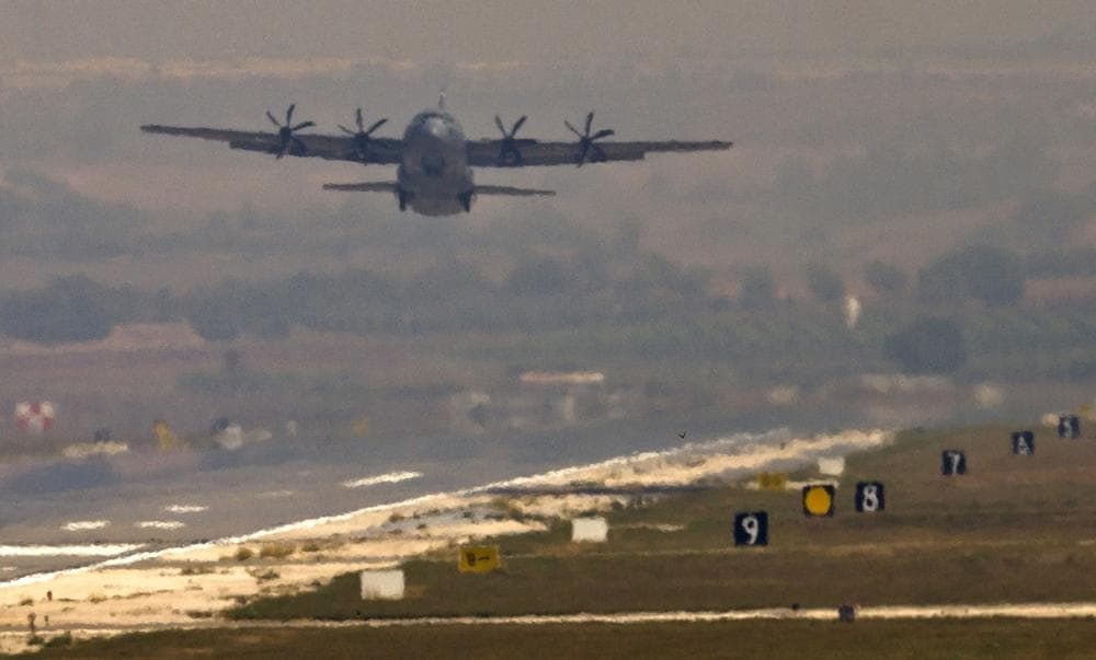 A U.S. Air Force plane takes off from the Incirlik Air Base, Turkey, Friday, Aug. 30, 2013. U.N. Secretary-General Ban Ki-moon said the Inspection team in Syria is expected to complete its work Friday and report to him Saturday. (Vadim Ghirda/AP)