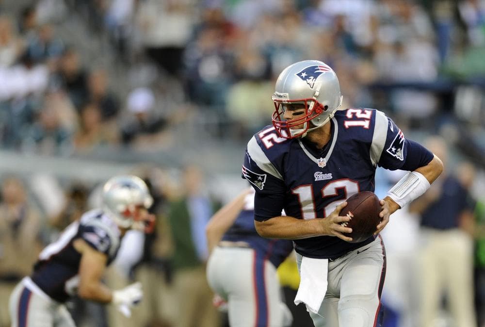 New England Patriots' Tom Brady (12) is seen during a preseason NFL football game against the Philadelphia Eagles, Friday, Aug. 9, 2013, in Philadelphia. (AP Photo/Michael Perez)