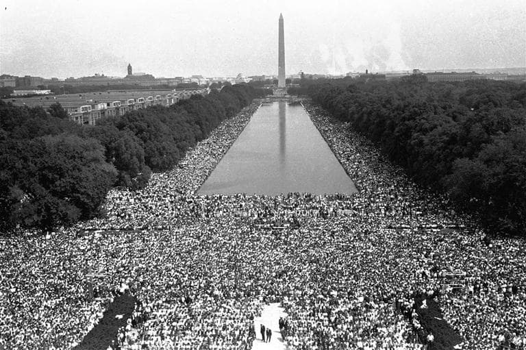 Crowds are shown in front of the Washington Monument during the March on Washington for civil rights, August 28, 1963. (AP)