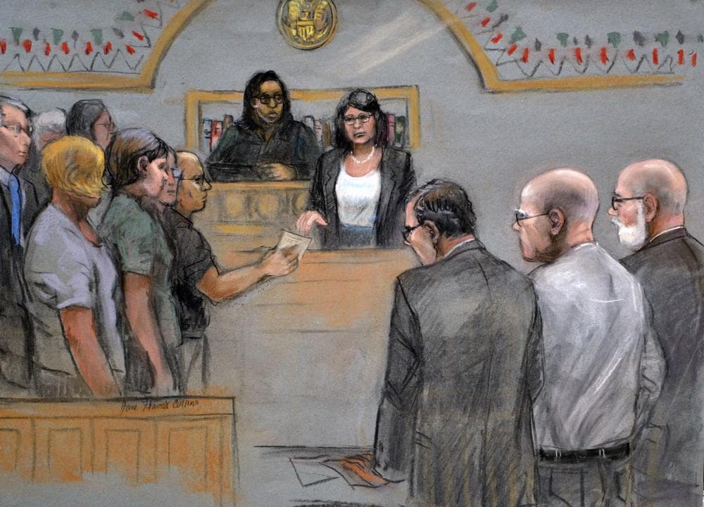 In this courtroom sketch, James &quot;Whitey&quot; Bulger, second from right, stands with defense attorneys Hank Brennan and J.W. Carney as the jury submits its verdicts before Judge Denise Casper Monday, Aug. 12, 2013 in federal court in Boston. (AP/Jane Flavell Collins)