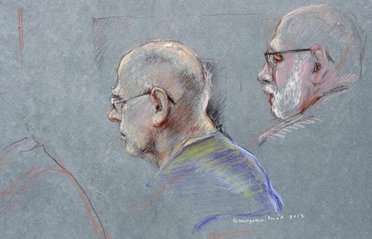 This courtroom sketch depicted James &quot;Whitey&quot; Bulger during the first day of his racketeering trial on June 12. (Margaret Small /AP)
