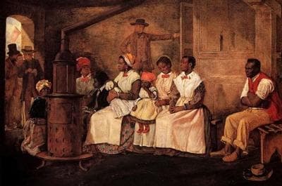  Slaves Waiting for Sale - Richmond, Virginia. Oil, 20¾ x 31½ inches. Painted upon the sketch of 1853 &mdash; Eyre Crow (Wikimedia Commons)