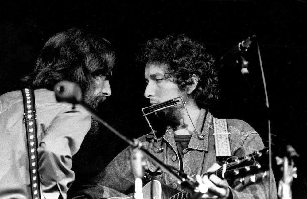 George Harrison and Dylan at The Concert for Bangladesh in 1971. (AP)