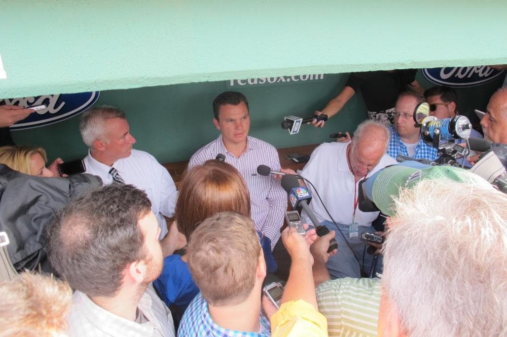 Boston Red Sox General Manager Ben Cherington answers questions Wednesday at Fenway Park about acquiring pitcher Jake Peavy. (Bill Littlefield / Only A Game)