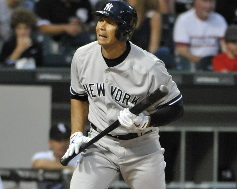 New York Yankees' Alex Rodriguez reacts after getting hit by a pitch against the Chicago White Sox during the third inning of a baseball game, Tuesday, Aug. 6, 2013 in Chicago. (AP Photo/David Banks)