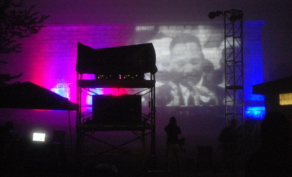 Footage of King delivering his &quot;I Have a Dream&quot; speech is projected onto Fort Independence's wall. (Greg Cook)