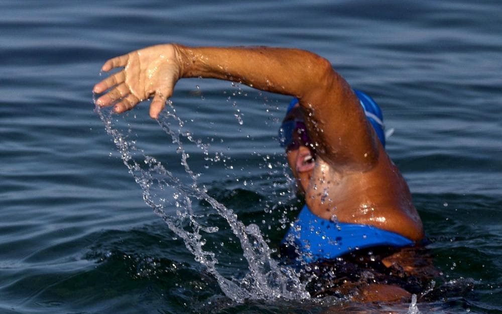 U.S. swimmer Diana Nyad, 64, begins her swim to Florida from the waters off Havana, Cuba, Saturday, Aug. 31, 2013. (Ramon Espinosa/AP)