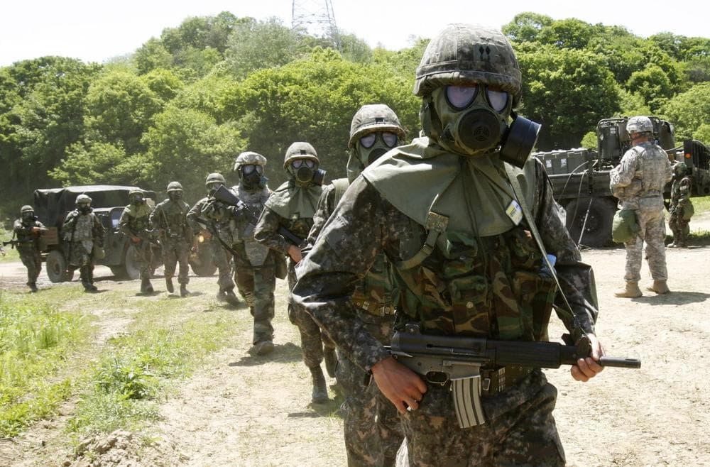 U.S. and South Korean Army soldiers participate in a CBR (chemical, biological and radiological) warfare training exercise in South Korea, May 16, 2013. (Ahnn Young-joon/AP)