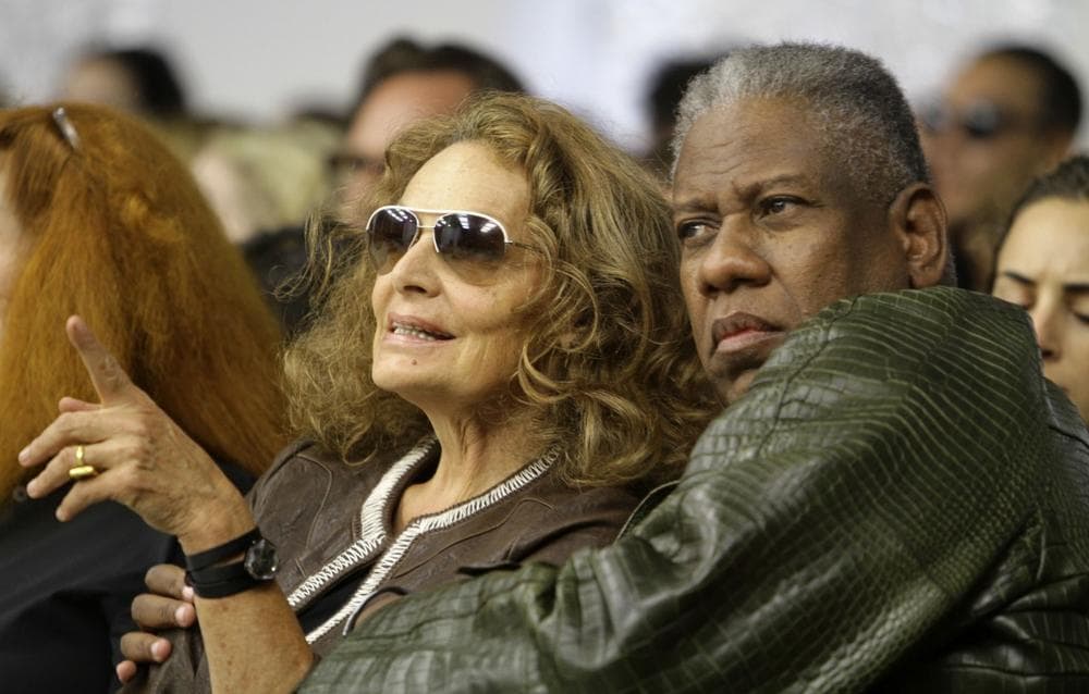 Designer Diane von Furstenburg, left, and Vogue editor Andre Leon Talley, right, look on as the Rodarte spring 2011 collection is modeled Sept. 14, 2010, during Fashion Week in New York. (David Goldman/AP))