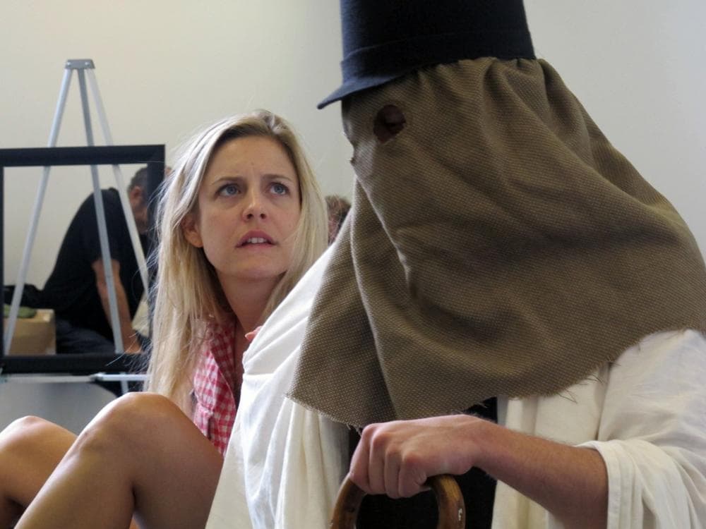 Esme Allen (as Miss Sandwich) and Tim Spears (as Merrick) during rehearsals for &quot;The Elephant Man&quot; (Andrea Shea/WBUR)