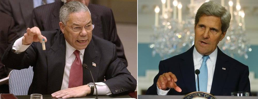 Colin Powell, left, appeared at the UN Security Council on Feb. 5, 2003, to present evidence of Iraq's weapons of mass destruction. John Kerry, right, made a statement about the use of chemical weapons in Syria at the State Department on August 30, 2013. (AP)