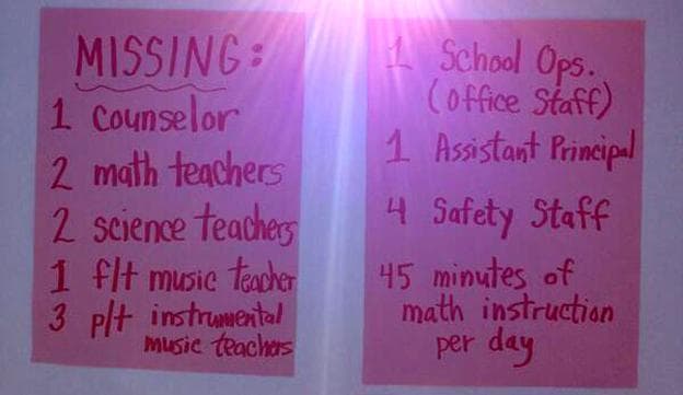 Teachers at Feltonville School of Arts and Science hung up a list of staff and services missing a due to budget cuts. (@hollyotterbein/Twitter)
