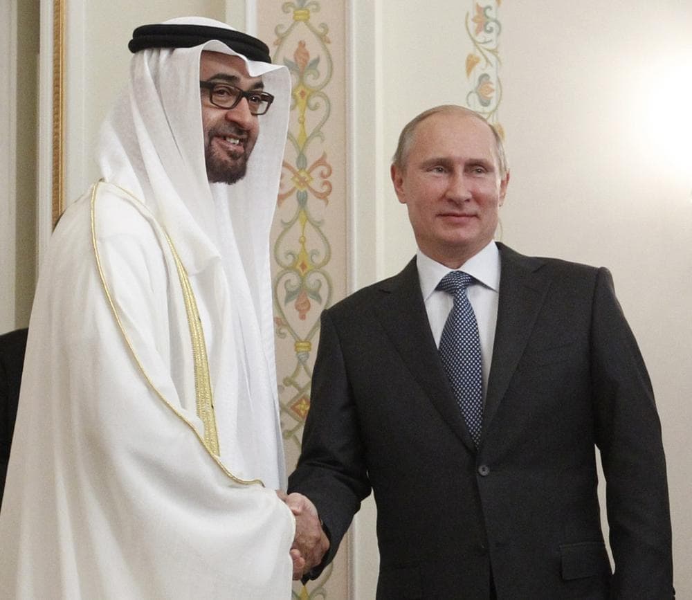 Russian President Vladimir Putin, right, shakes hands with Crown Prince Sheik Mohammed bin Zayed Al Nahyan of the United Arab Emirates, during their meeting at the Novo-Ogaryovo state residence outside Moscow, on Thursday, Sept. 12, 2013. (Maxim Shemetov/AP)