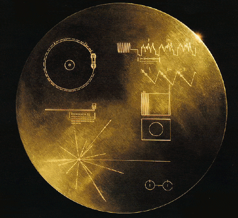 The Golden Record that includes a collection of sights and sounds from Earth. It was carried into space by the Voyager spacecraft. (NASA)